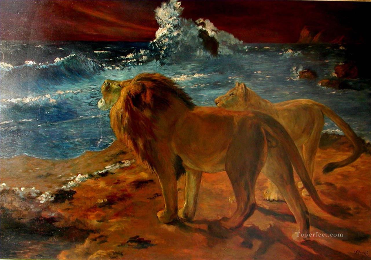 lions au bord de la mer Peintures à l'huile